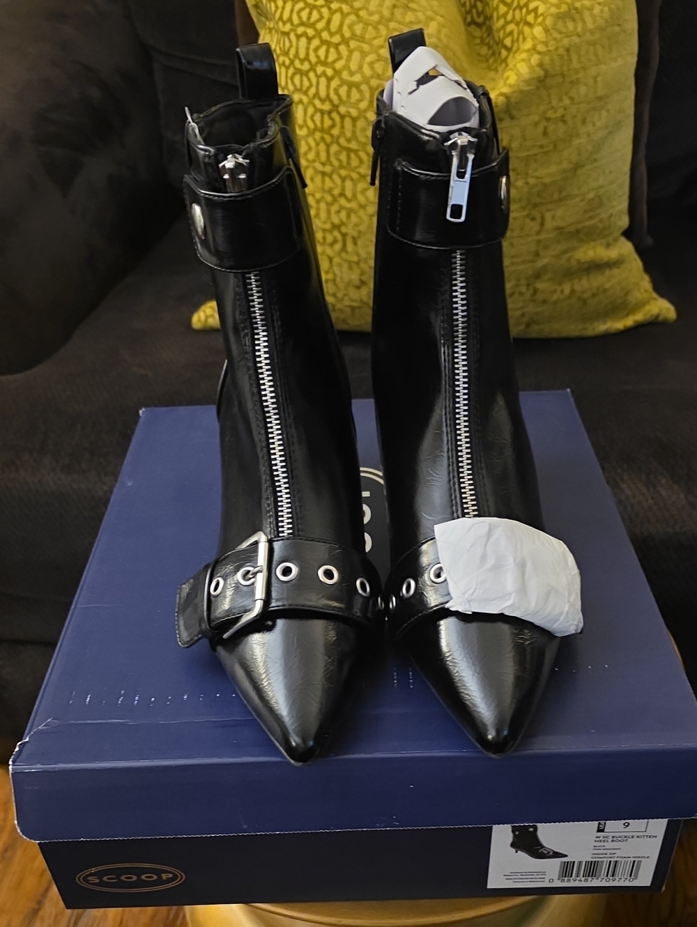 Scoop Black Pointed Zip Front Ankle Boots with Buckle